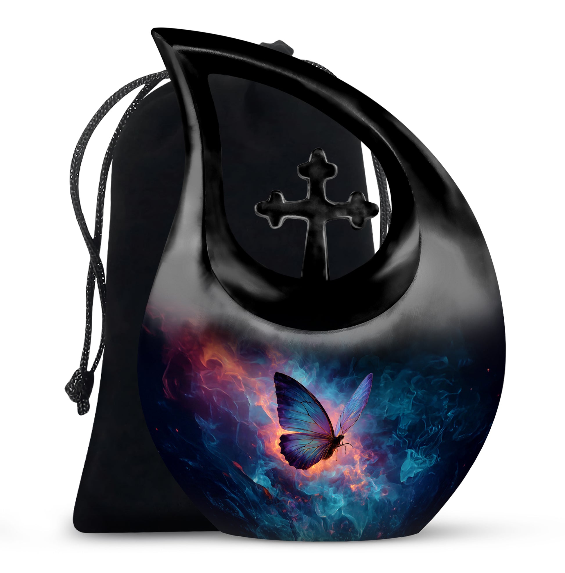 Calming Blue Butterfly Cremation Urn top-down view of secure threaded lid - faith-inspired cross-drop urn with butterfly pattern - full-size 10 inch 200 cubic inch adult cremation urn