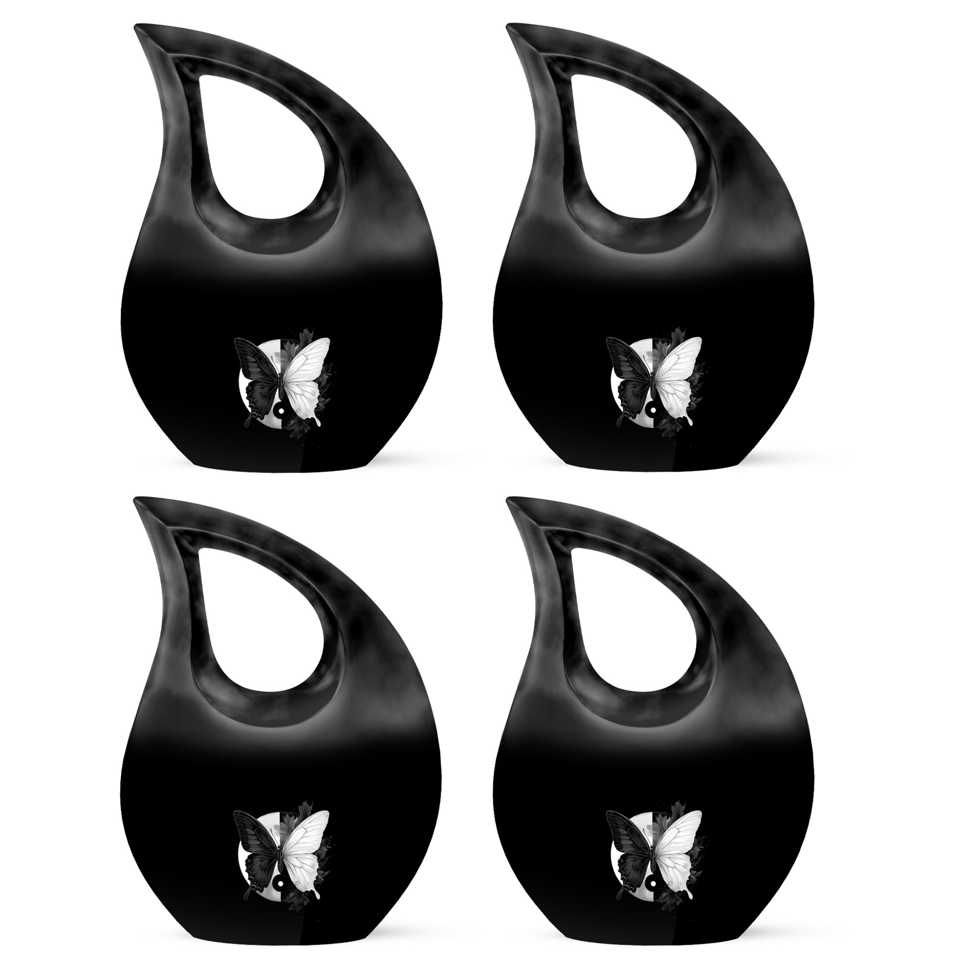 Obsidian Black Butterfly Cremation Urn lifestyle display on memorial shelf - faith-inspired cross-drop urn with butterfly pattern - 10 inch aluminum urn for cremated remains