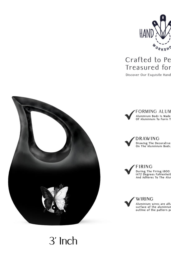 Midnight Black Butterfly Cremation Urn back view with polished surface - devotional cross-drop butterfly engraving - mini keepsake memorial for portion of cremation ashes