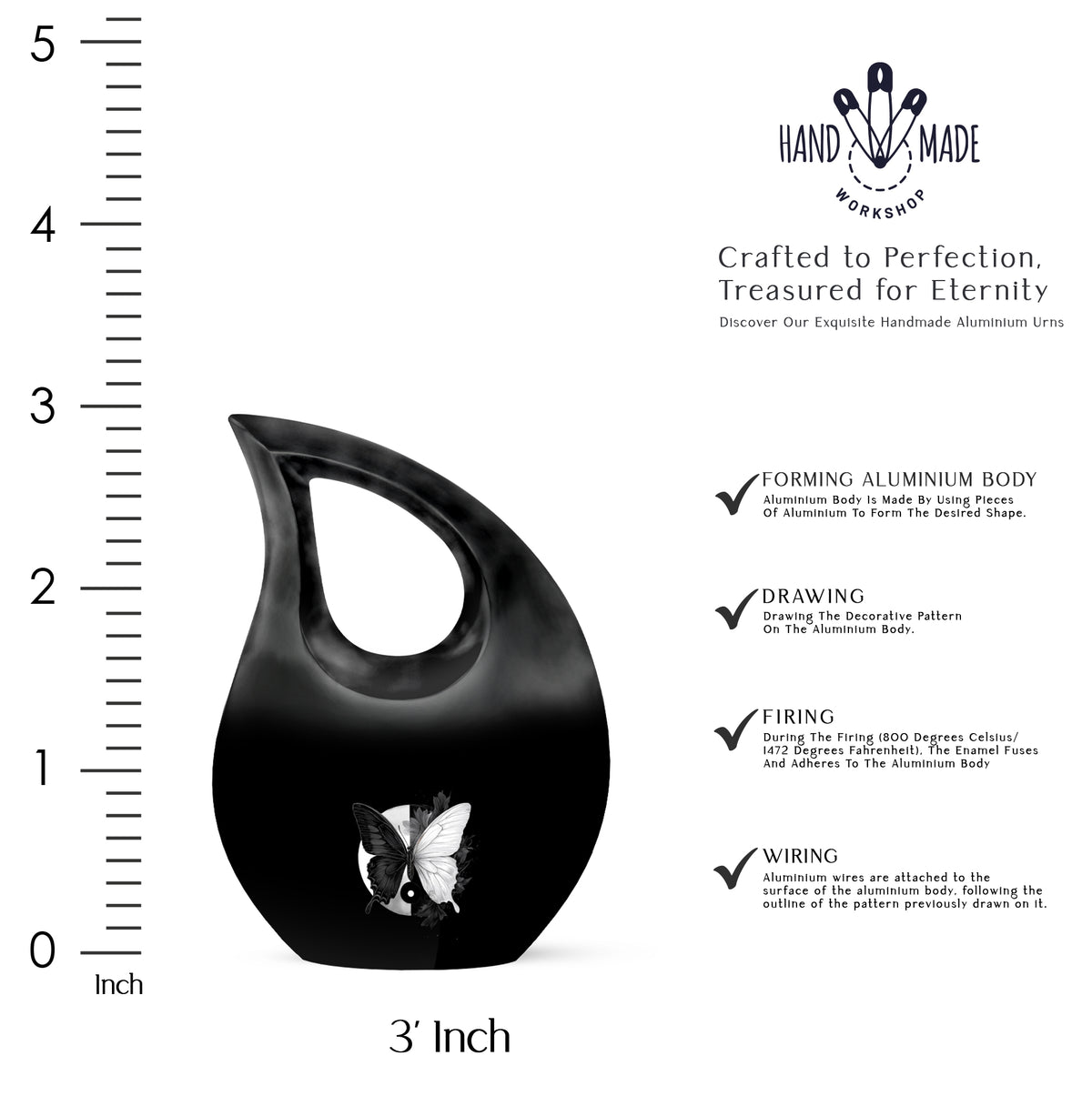 Midnight Black Butterfly Cremation Urn back view with polished surface - devotional cross-drop butterfly engraving - mini keepsake memorial for portion of cremation ashes