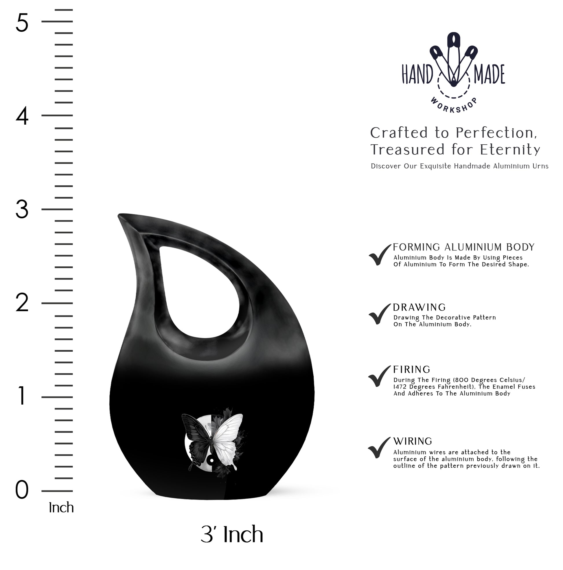 Midnight Black Butterfly Cremation Urn back view with polished surface - devotional cross-drop butterfly engraving - mini keepsake memorial for portion of cremation ashes