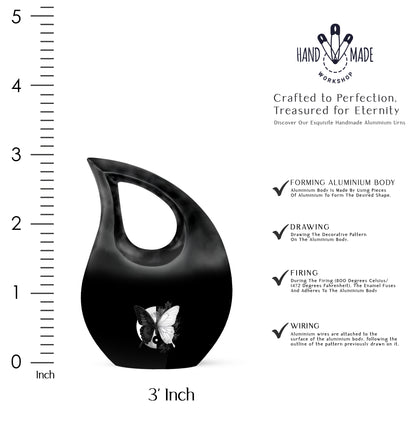 Midnight Black Butterfly Cremation Urn back view with polished surface - devotional cross-drop butterfly engraving - mini keepsake memorial for portion of cremation ashes