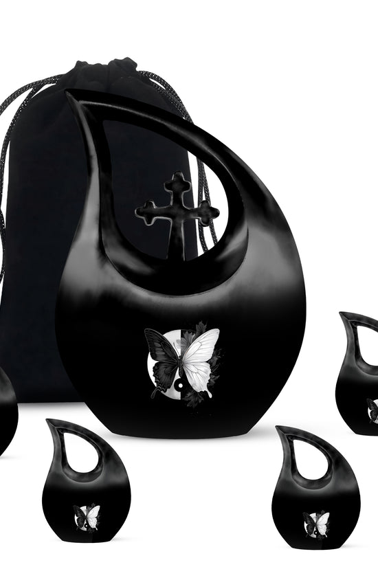 Midnight Black Butterfly Cremation Urn urn with complimentary velvet bag - devotional cross-drop butterfly engraving - memorial set with one large and four small urns