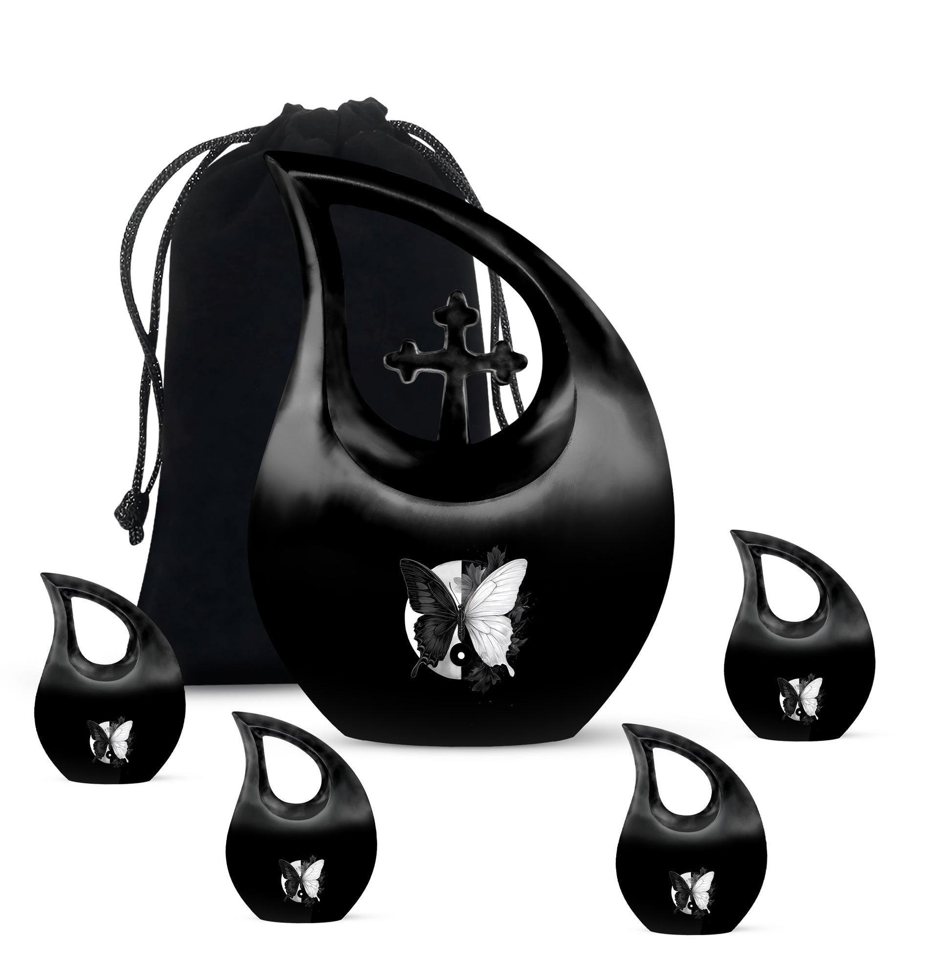 Midnight Black Butterfly Cremation Urn urn with complimentary velvet bag - devotional cross-drop butterfly engraving - memorial set with one large and four small urns