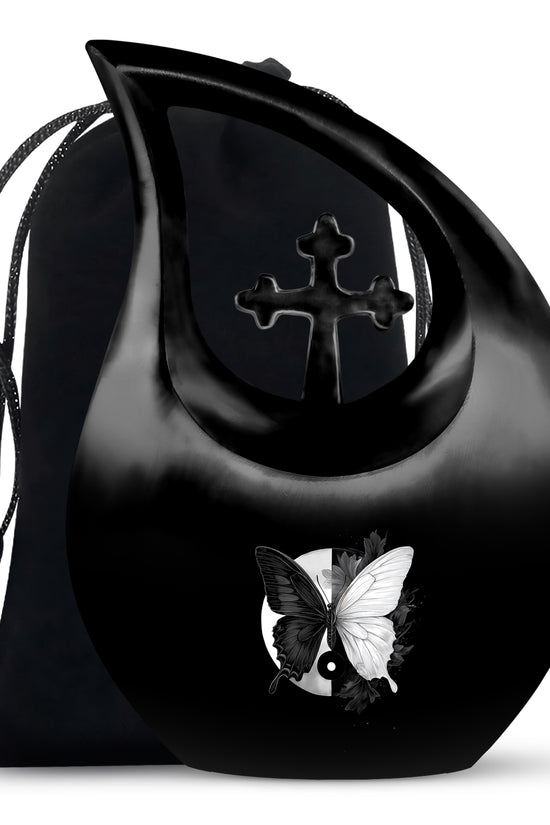 Ebony Butterfly Cremation Urn top-down view of secure threaded lid - cross and butterfly combined in spiritual memorial design - full-size 10 inch 200 cubic inch adult cremation urn