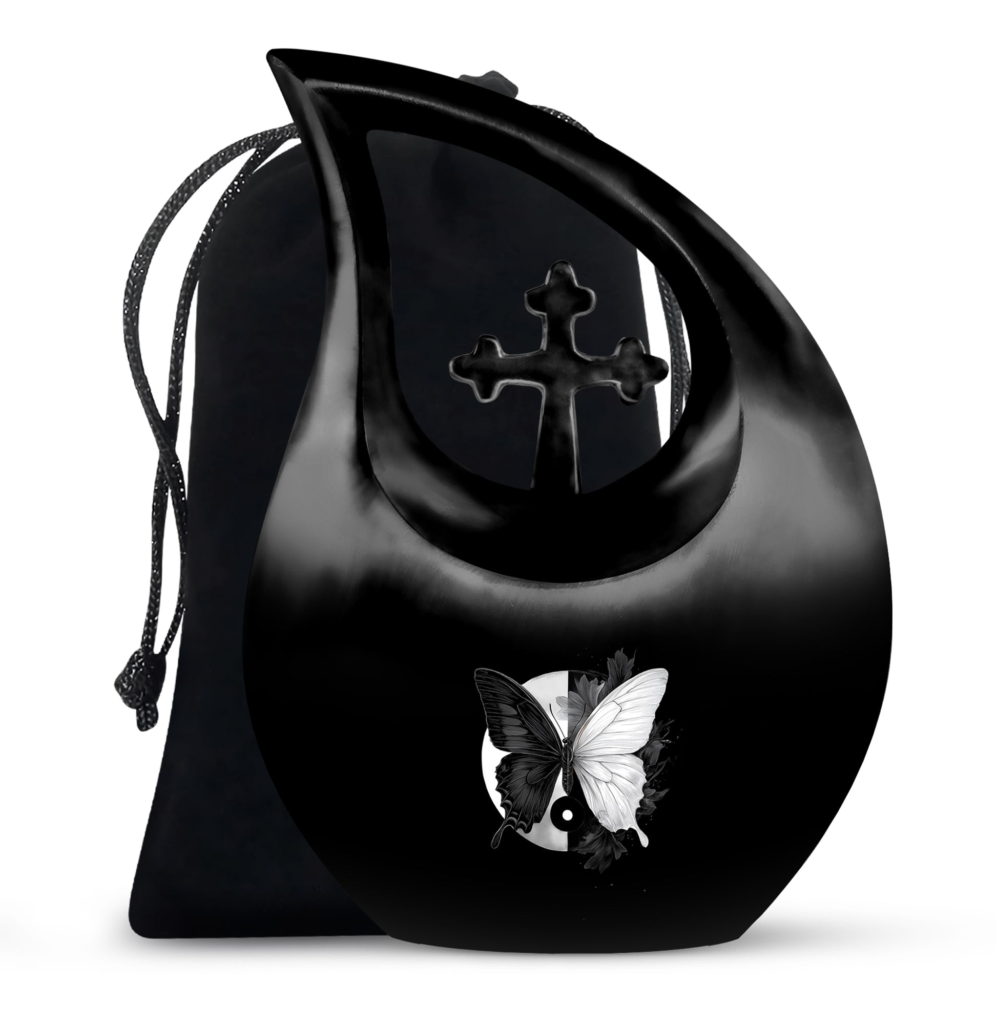 Ebony Butterfly Cremation Urn top-down view of secure threaded lid - cross and butterfly combined in spiritual memorial design - full-size 10 inch 200 cubic inch adult cremation urn