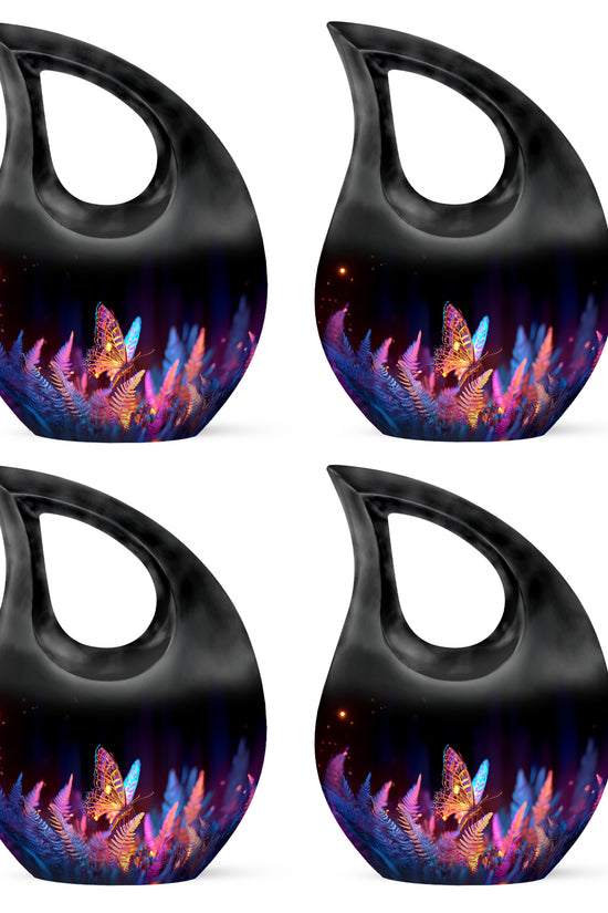 Rich Black Butterfly Cremation Urn lifestyle display on memorial shelf - cross and butterfly combined in spiritual memorial design - 10 inch aluminum urn for cremated remains