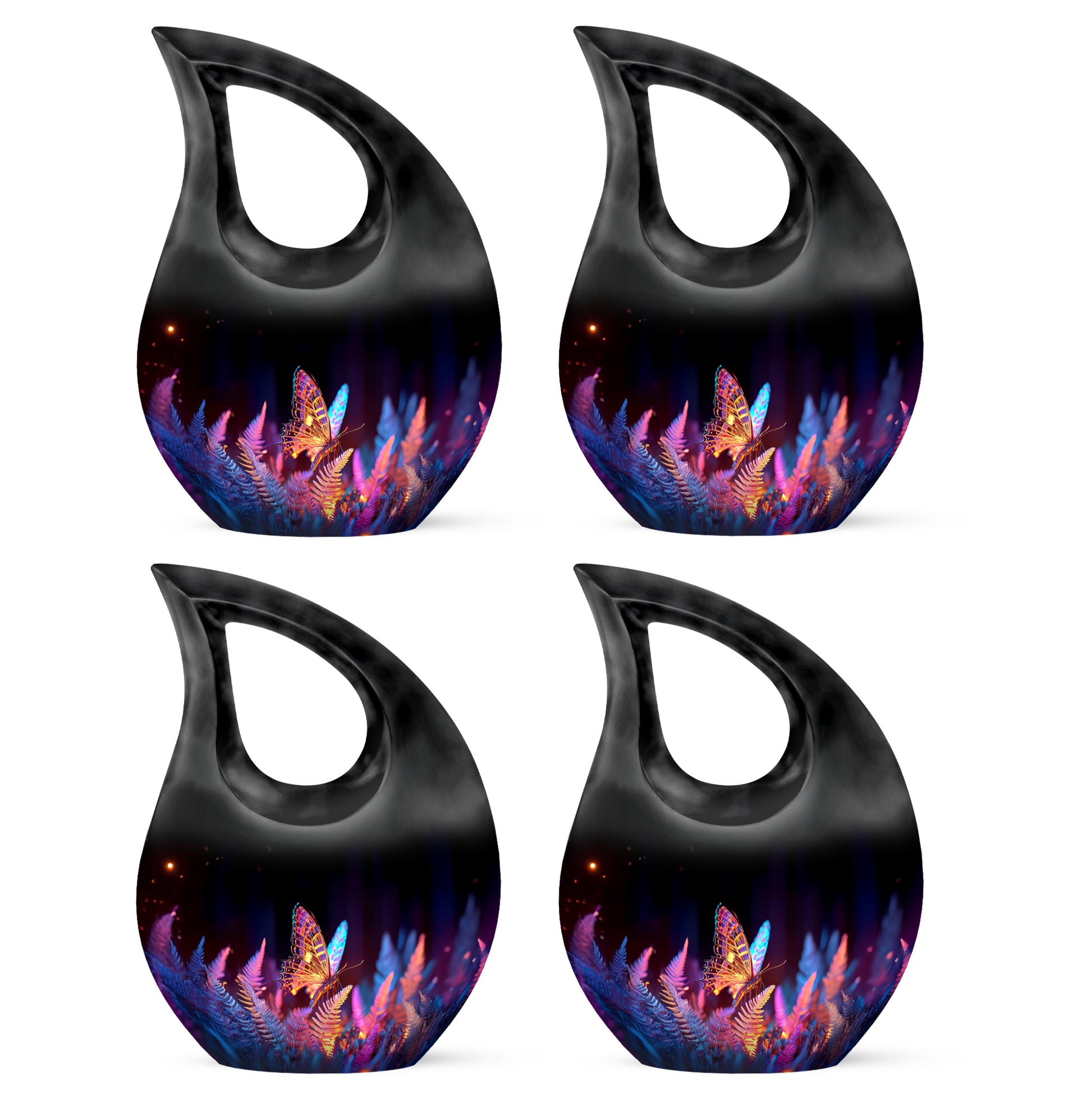 Rich Black Butterfly Cremation Urn lifestyle display on memorial shelf - cross and butterfly combined in spiritual memorial design - 10 inch aluminum urn for cremated remains