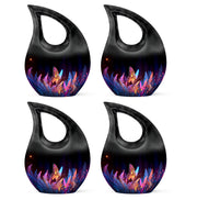 Rich Black Butterfly Cremation Urn lifestyle display on memorial shelf - cross and butterfly combined in spiritual memorial design - 10 inch aluminum urn for cremated remains