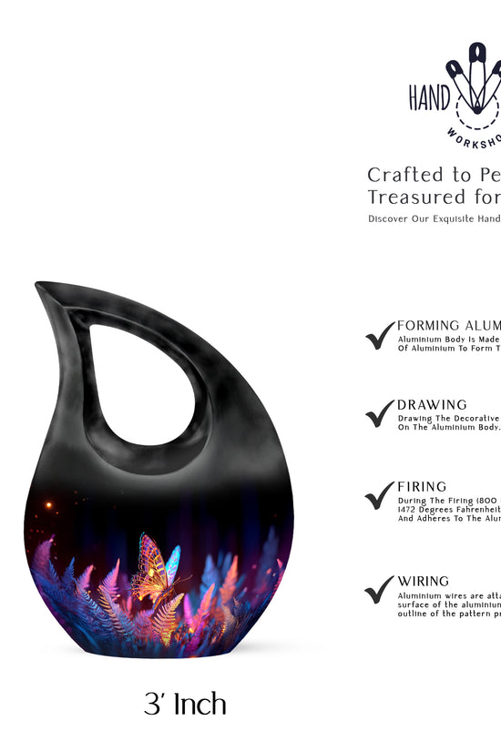 Charcoal Black Butterfly Cremation Urn back view with polished surface - faith-inspired cross-drop urn with butterfly pattern - mini keepsake memorial for portion of cremation ashes