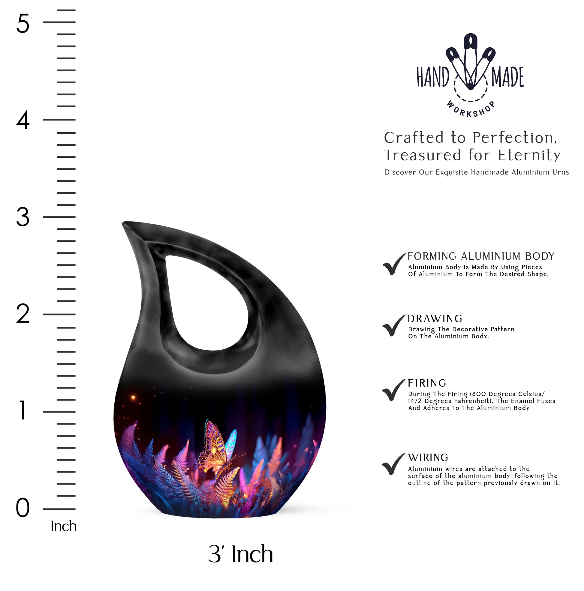 Charcoal Black Butterfly Cremation Urn back view with polished surface - faith-inspired cross-drop urn with butterfly pattern - mini keepsake memorial for portion of cremation ashes