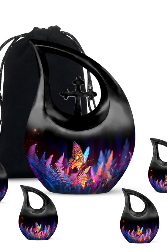 Obsidian Black Butterfly Cremation Urn urn with complimentary velvet bag - faith-inspired cross-drop urn with butterfly pattern - memorial set with one large and four small urns