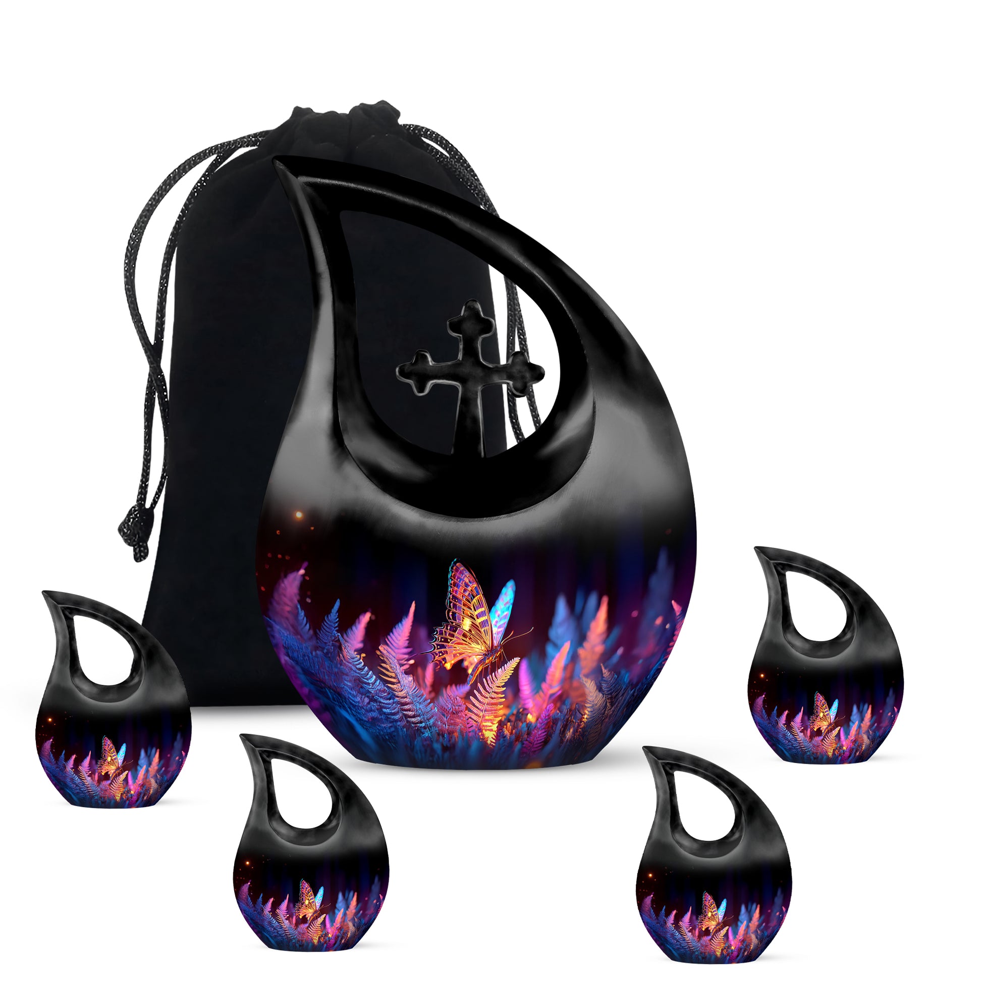 Obsidian Black Butterfly Cremation Urn urn with complimentary velvet bag - faith-inspired cross-drop urn with butterfly pattern - memorial set with one large and four small urns