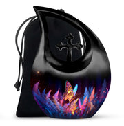 Dark Black Butterfly Cremation Urn top-down view of secure threaded lid - devotional cross-drop butterfly engraving - full-size 10 inch 200 cubic inch adult cremation urn