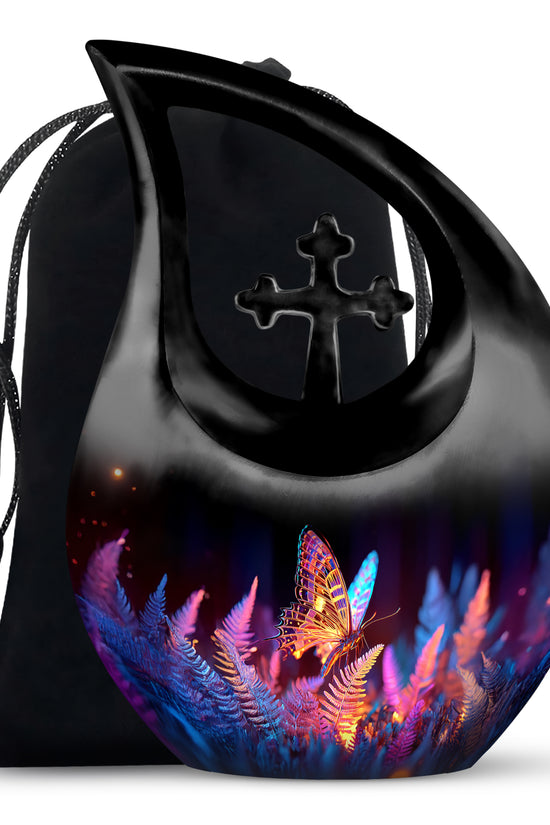 Dark Black Butterfly Cremation Urn top-down view of secure threaded lid - devotional cross-drop butterfly engraving - full-size 10 inch 200 cubic inch adult cremation urn