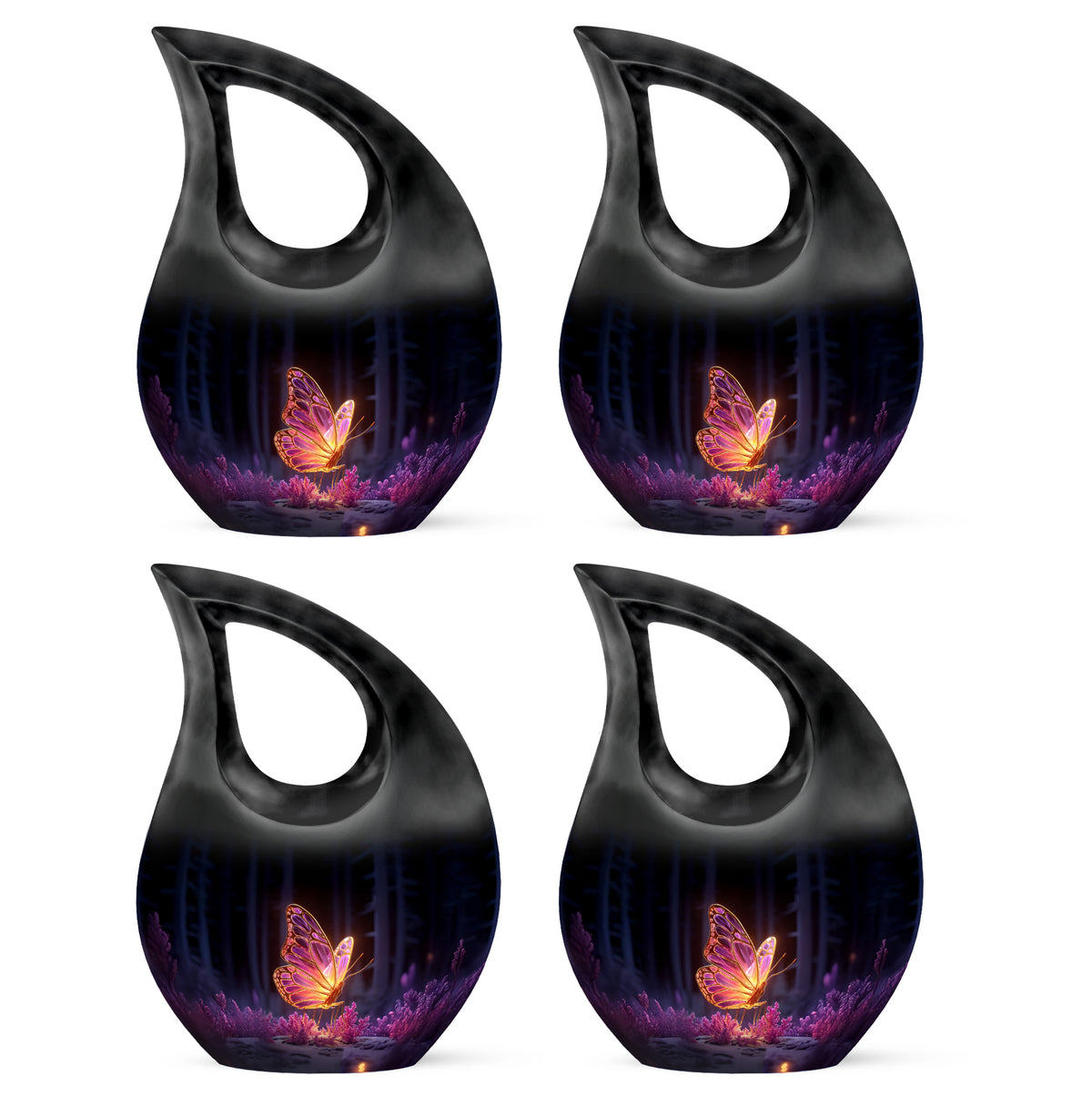 Rich Black Butterfly Cremation Urn lifestyle display on memorial shelf - sacred cross merged with butterfly motif on metal - 10 inch aluminum urn for cremated remains