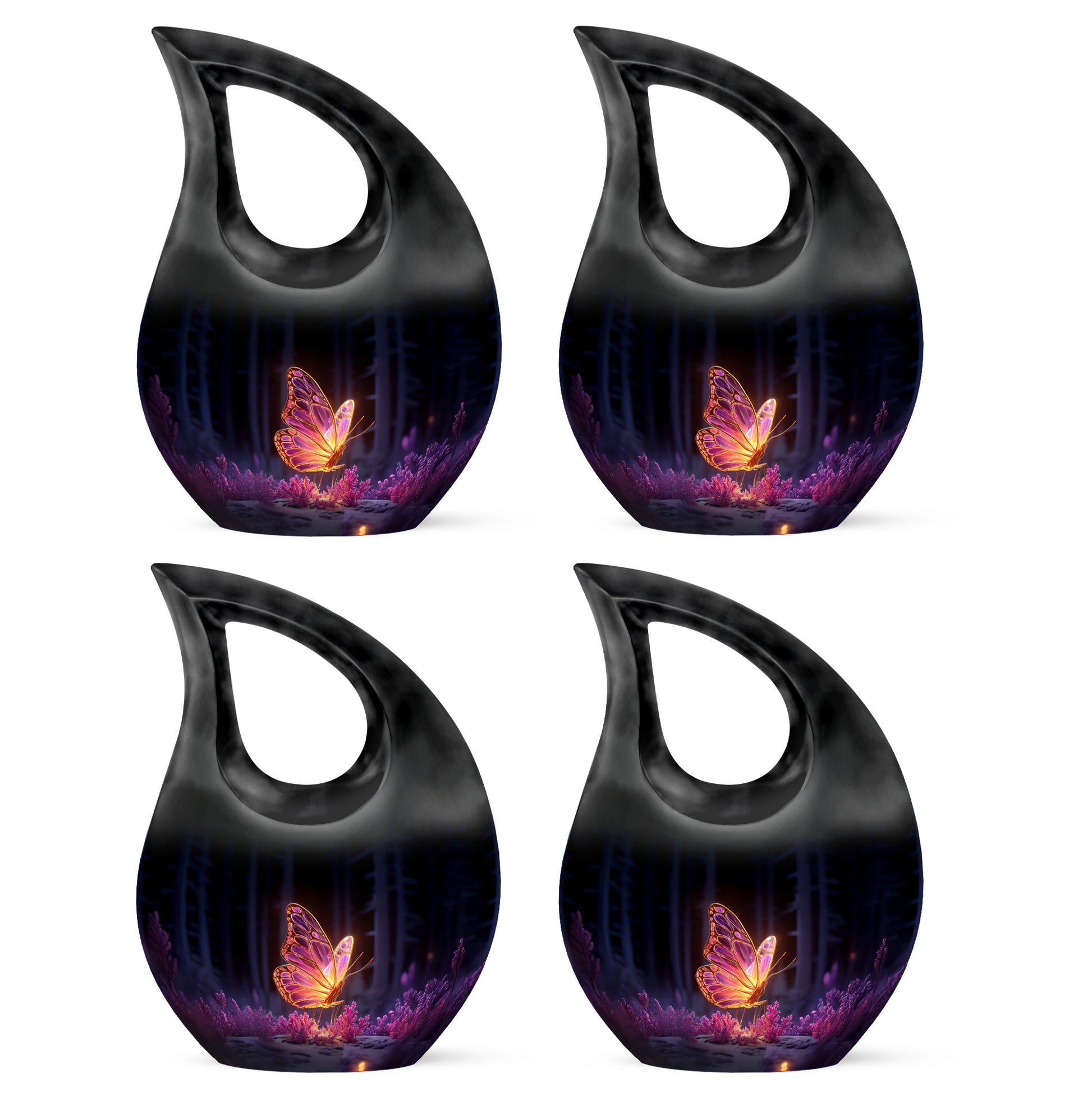 Rich Black Butterfly Cremation Urn lifestyle display on memorial shelf - sacred cross merged with butterfly motif on metal - 10 inch aluminum urn for cremated remains