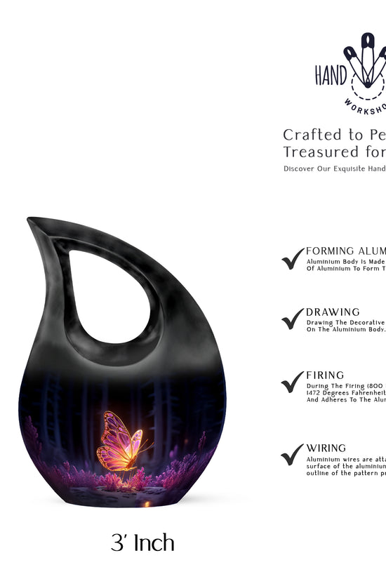 Dark Black Butterfly Cremation Urn back view with polished surface - devotional cross-drop butterfly engraving - mini keepsake memorial for portion of cremation ashes