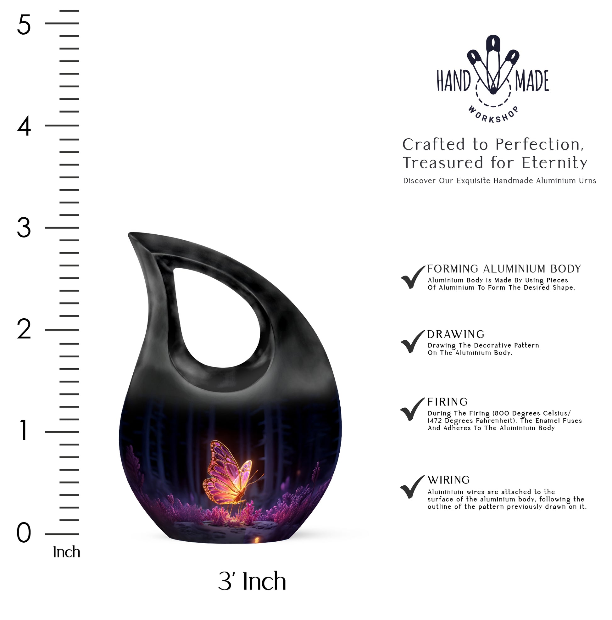 Dark Black Butterfly Cremation Urn back view with polished surface - devotional cross-drop butterfly engraving - mini keepsake memorial for portion of cremation ashes