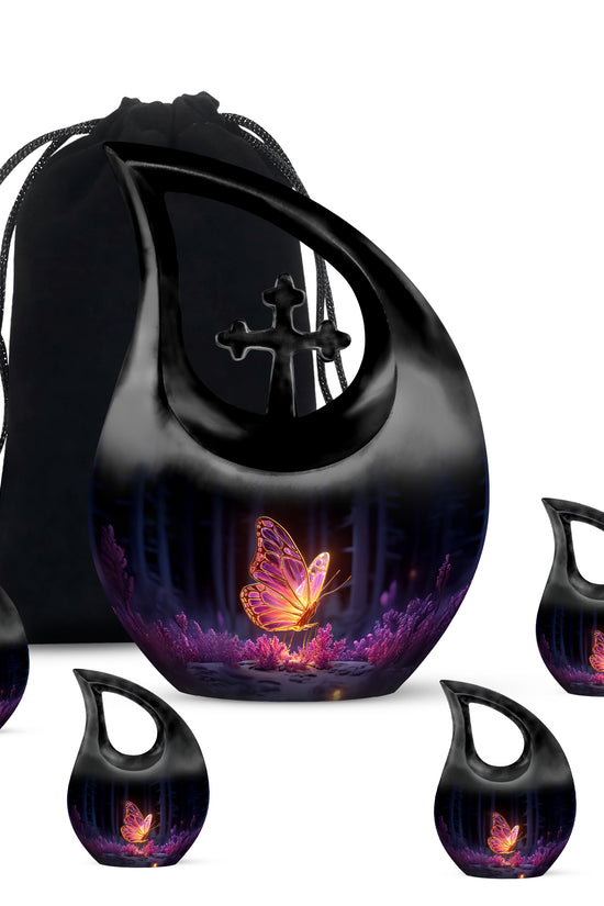 Deep Black Butterfly Cremation Urn urn with complimentary velvet bag - sacred cross merged with butterfly motif on metal - memorial set with one large and four small urns