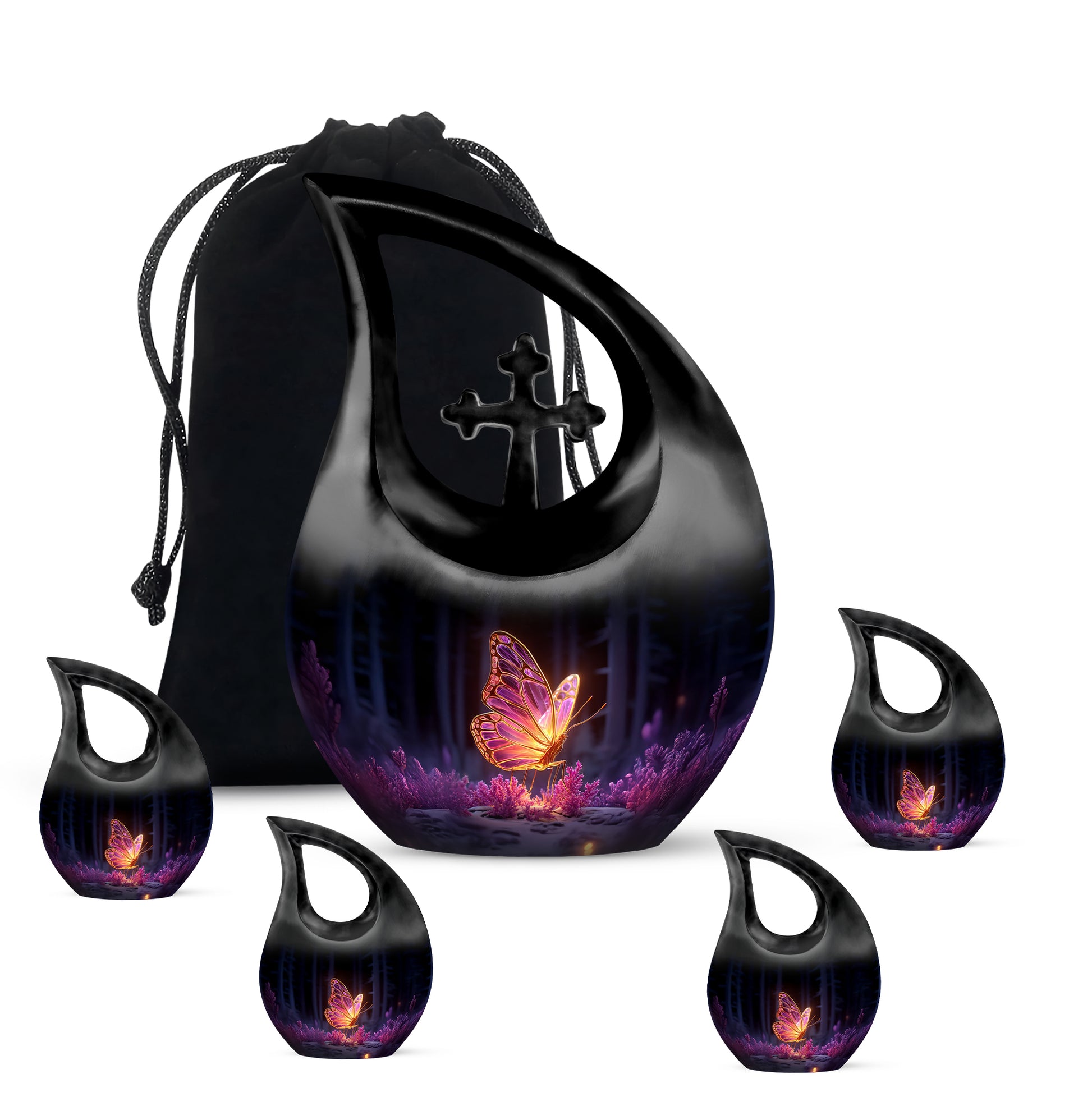 Deep Black Butterfly Cremation Urn urn with complimentary velvet bag - sacred cross merged with butterfly motif on metal - memorial set with one large and four small urns