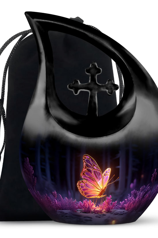 Glossy Black Butterfly Cremation Urn top-down view of secure threaded lid - cross and butterfly combined in spiritual memorial design - full-size 10 inch 200 cubic inch adult cremation urn