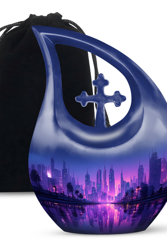 Elegant Blue Cityscape Urn - Unique Decorative Urns For Human Ashes