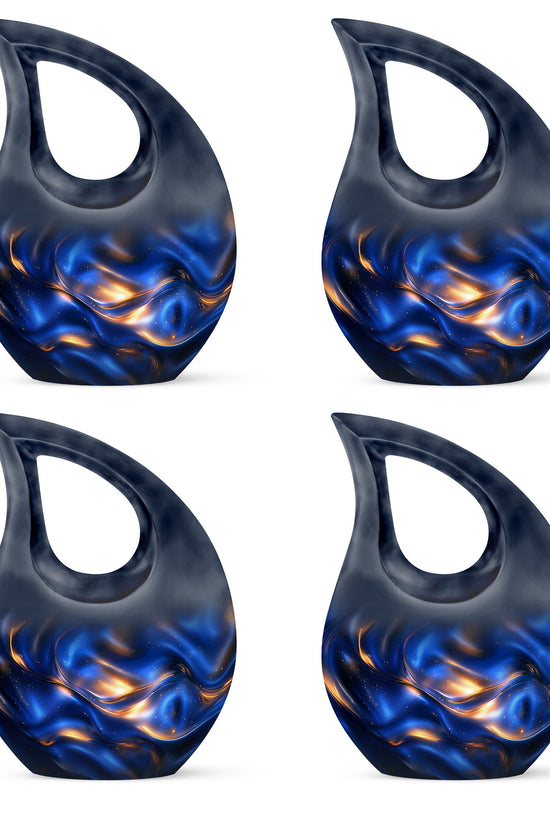 Steel Blue Blue Cremation Urn lifestyle display on memorial shelf - faith-inspired cross-drop urn with blue pattern - 10 inch aluminum urn for cremated remains