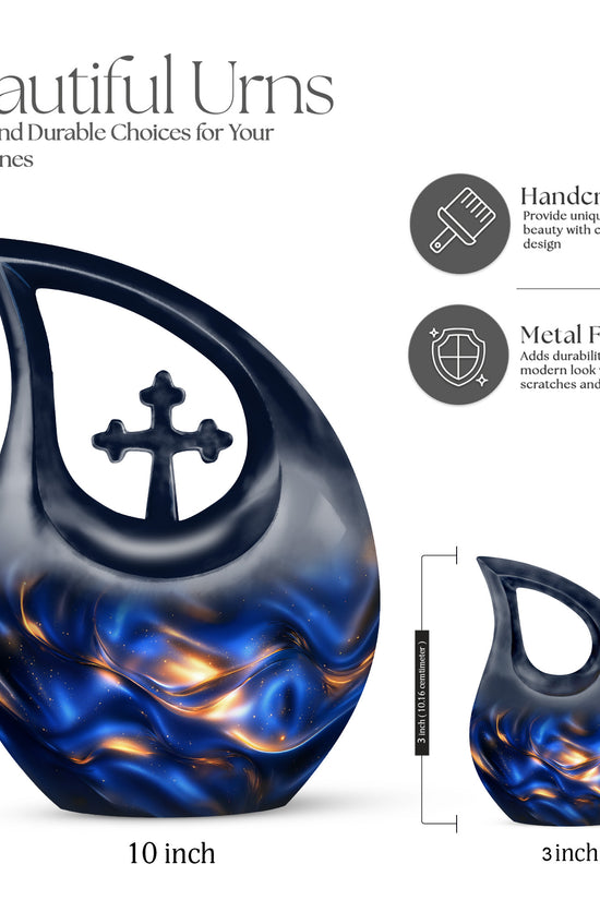 Serene Blue Blue Cremation Urn back view with polished surface - devotional cross-drop blue engraving - mini keepsake memorial for portion of cremation ashes