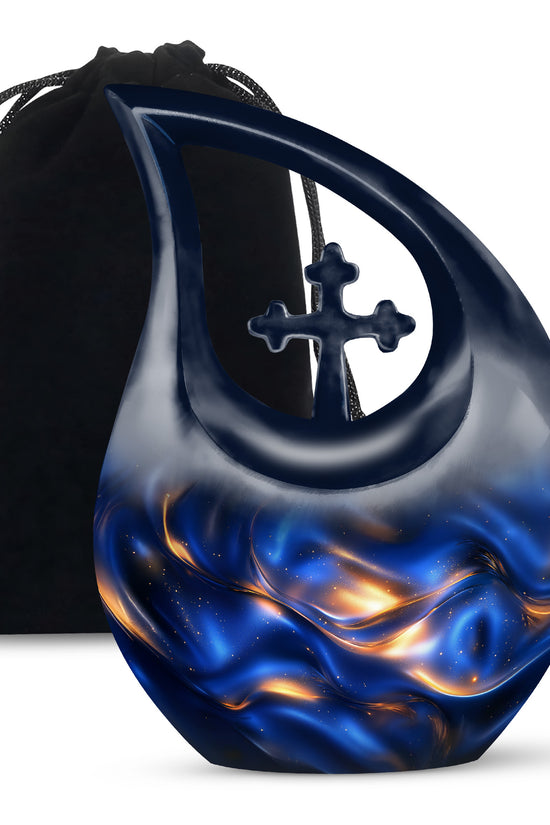 Navy Blue Blue Cremation Urn top-down view of secure threaded lid - cross and blue combined in spiritual memorial design - full-size 10 inch 200 cubic inch adult cremation urn