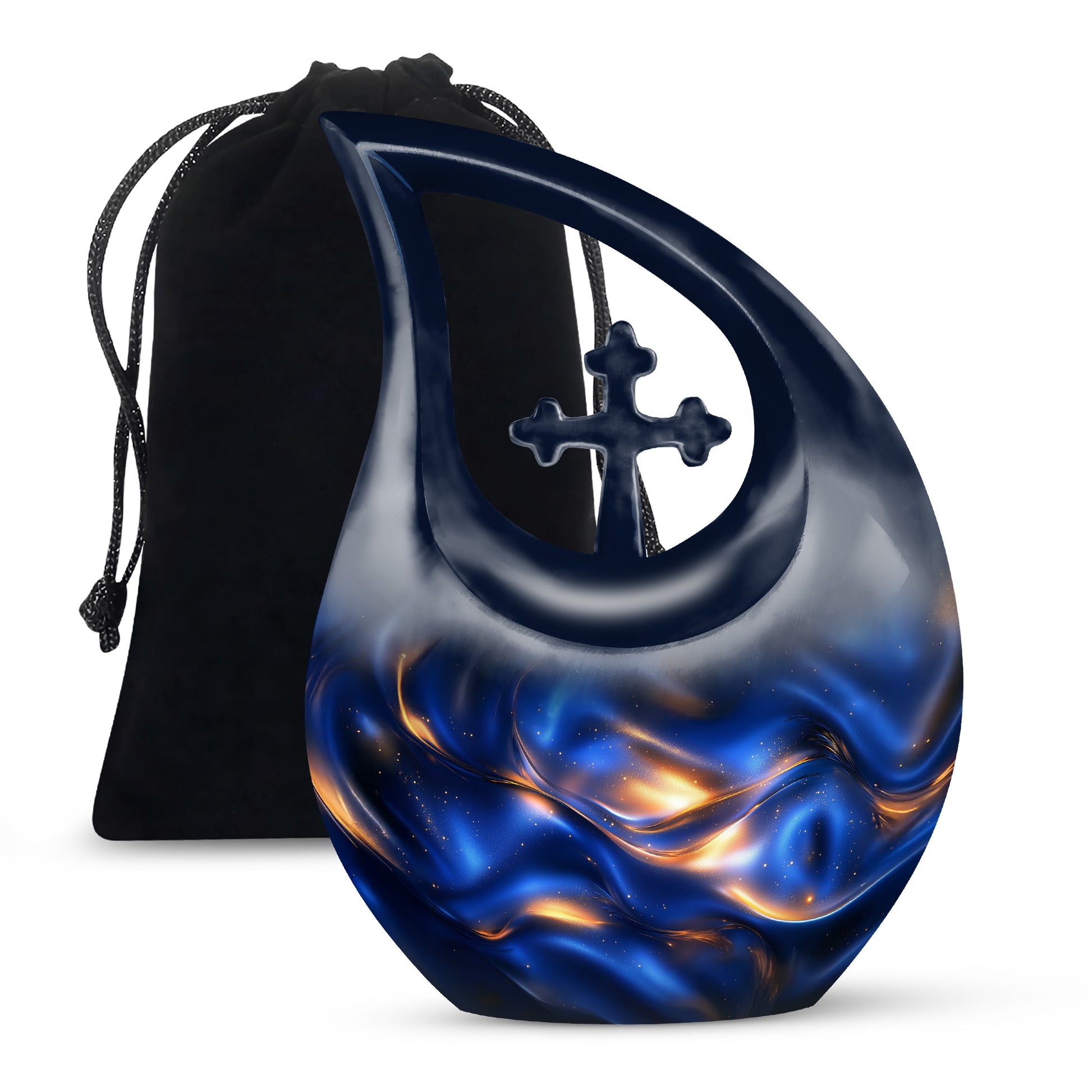 Navy Blue Blue Cremation Urn top-down view of secure threaded lid - cross and blue combined in spiritual memorial design - full-size 10 inch 200 cubic inch adult cremation urn