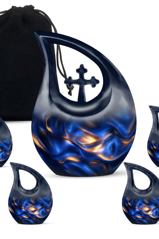 Celestial Blue Blue Cremation Urn urn with complimentary velvet bag - sacred cross merged with blue motif on metal - memorial set with one large and four small urns