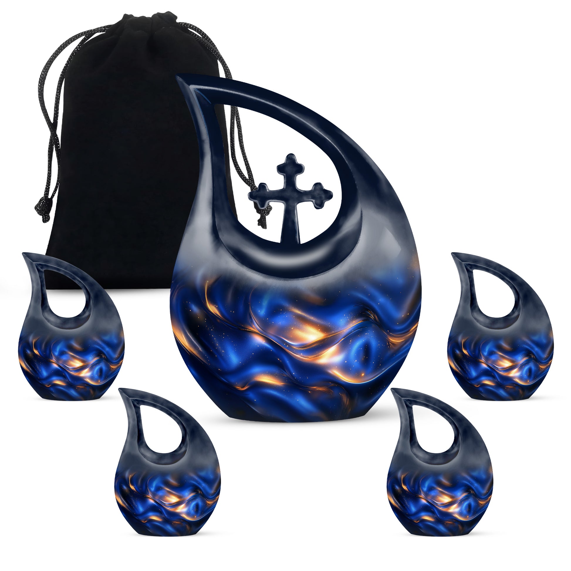 Celestial Blue Blue Cremation Urn urn with complimentary velvet bag - sacred cross merged with blue motif on metal - memorial set with one large and four small urns