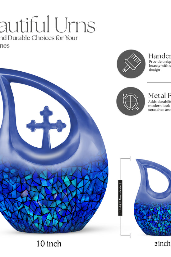 Vivid Blue Blue Cremation Urn back view with polished surface - devotional cross-drop blue engraving - mini keepsake memorial for portion of cremation ashes