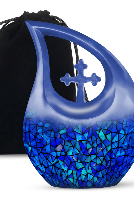 Sapphire Blue Blue Cremation Urn top-down view of secure threaded lid - faith-inspired cross-drop urn with blue pattern - full-size 10 inch 200 cubic inch adult cremation urn