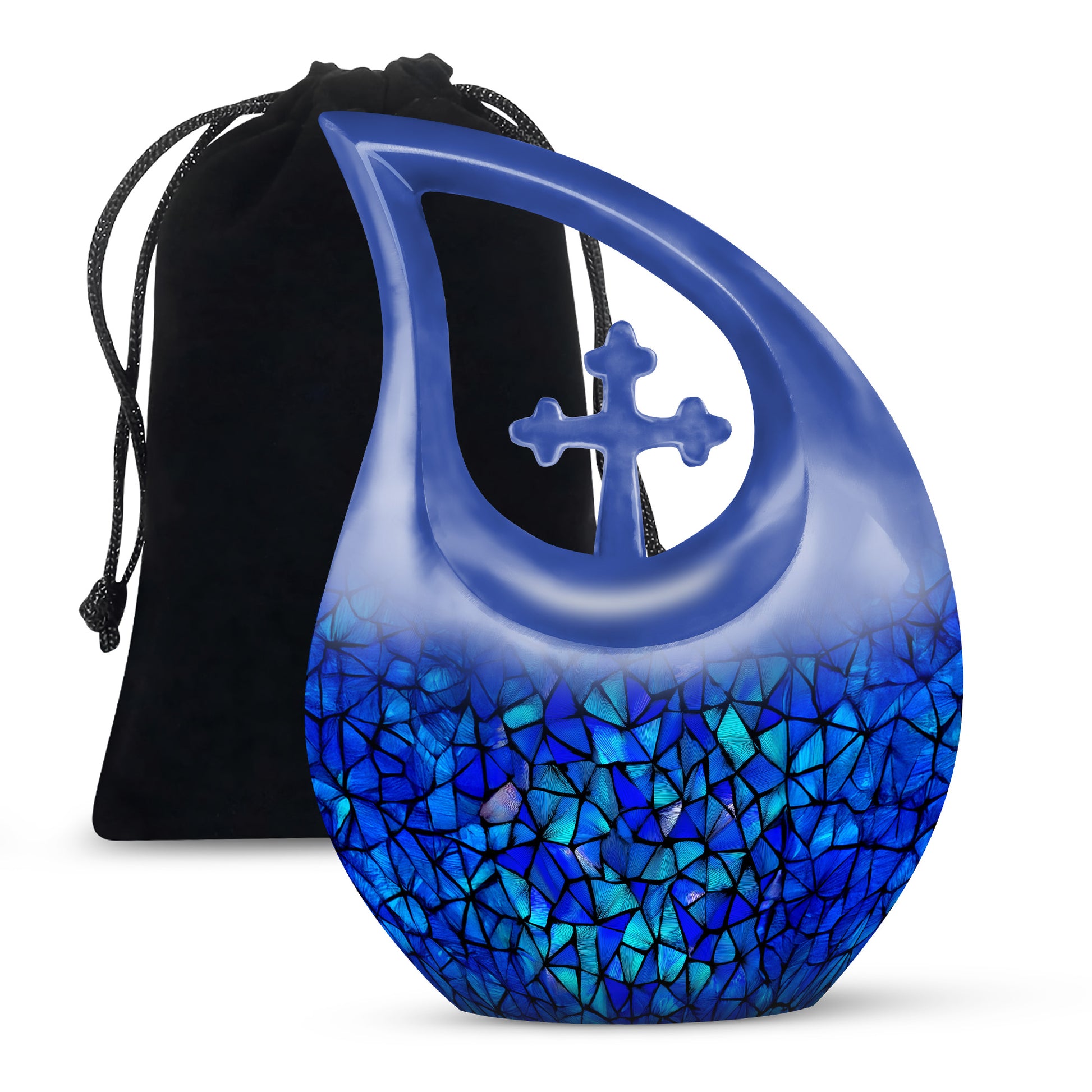 Sapphire Blue Blue Cremation Urn top-down view of secure threaded lid - faith-inspired cross-drop urn with blue pattern - full-size 10 inch 200 cubic inch adult cremation urn