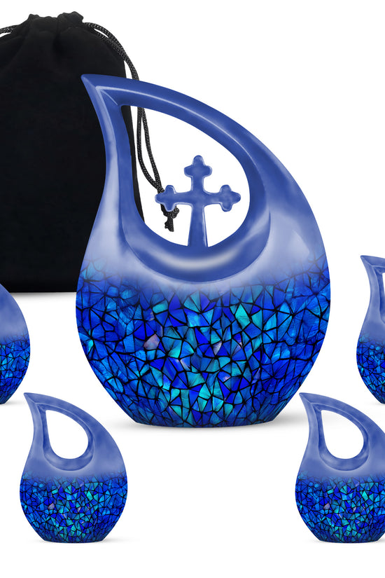 Twilight Blue Blue Cremation Urn urn with complimentary velvet bag - faith-inspired cross-drop urn with blue pattern - memorial set with one large and four small urns