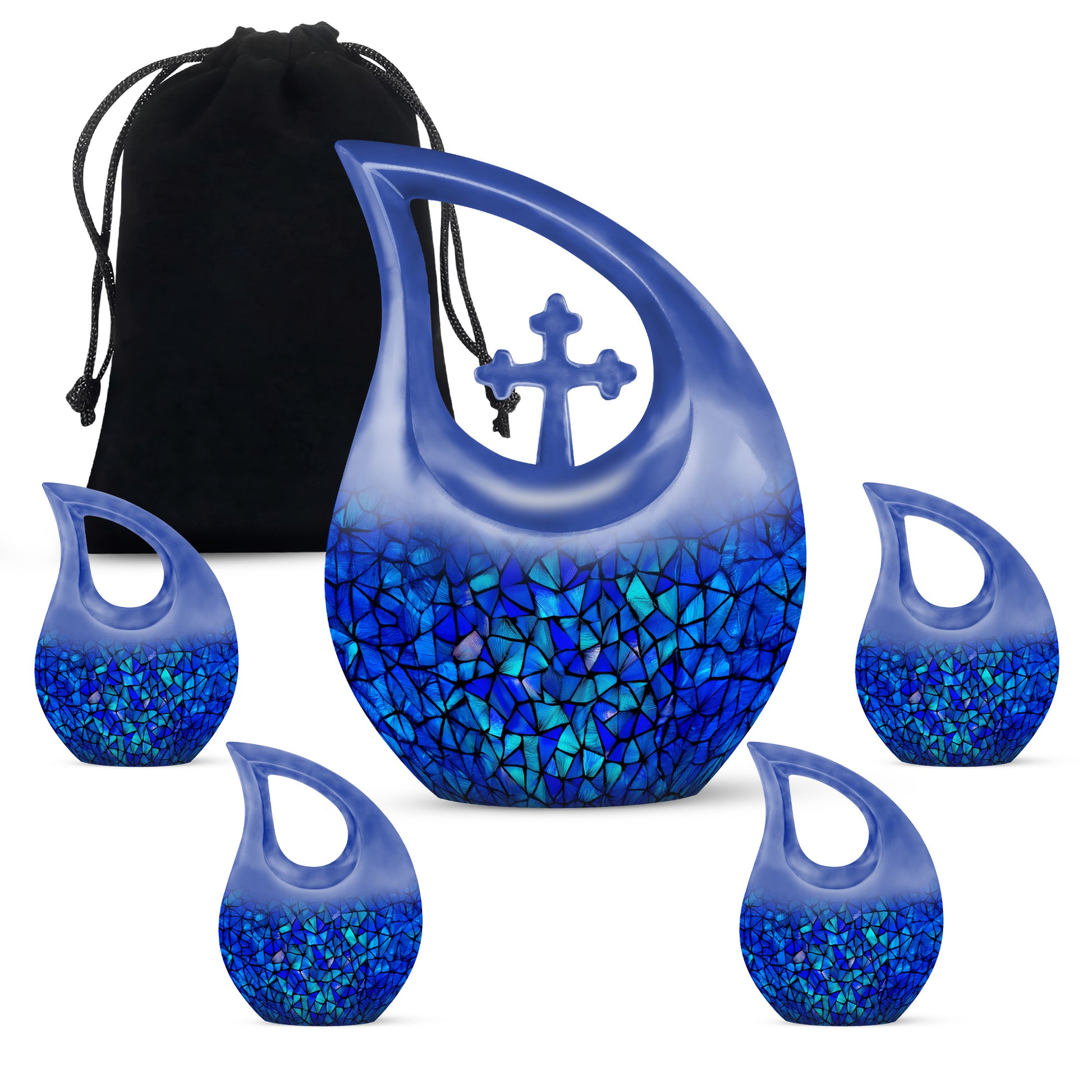 Twilight Blue Blue Cremation Urn urn with complimentary velvet bag - faith-inspired cross-drop urn with blue pattern - memorial set with one large and four small urns