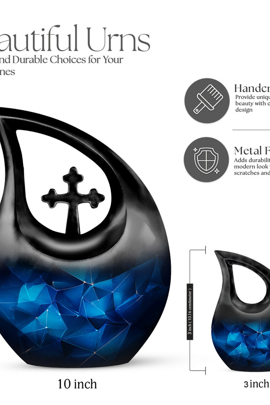Cobalt Blue Blue Cremation Urn back view with polished surface - devotional cross-drop blue engraving - mini keepsake memorial for portion of cremation ashes