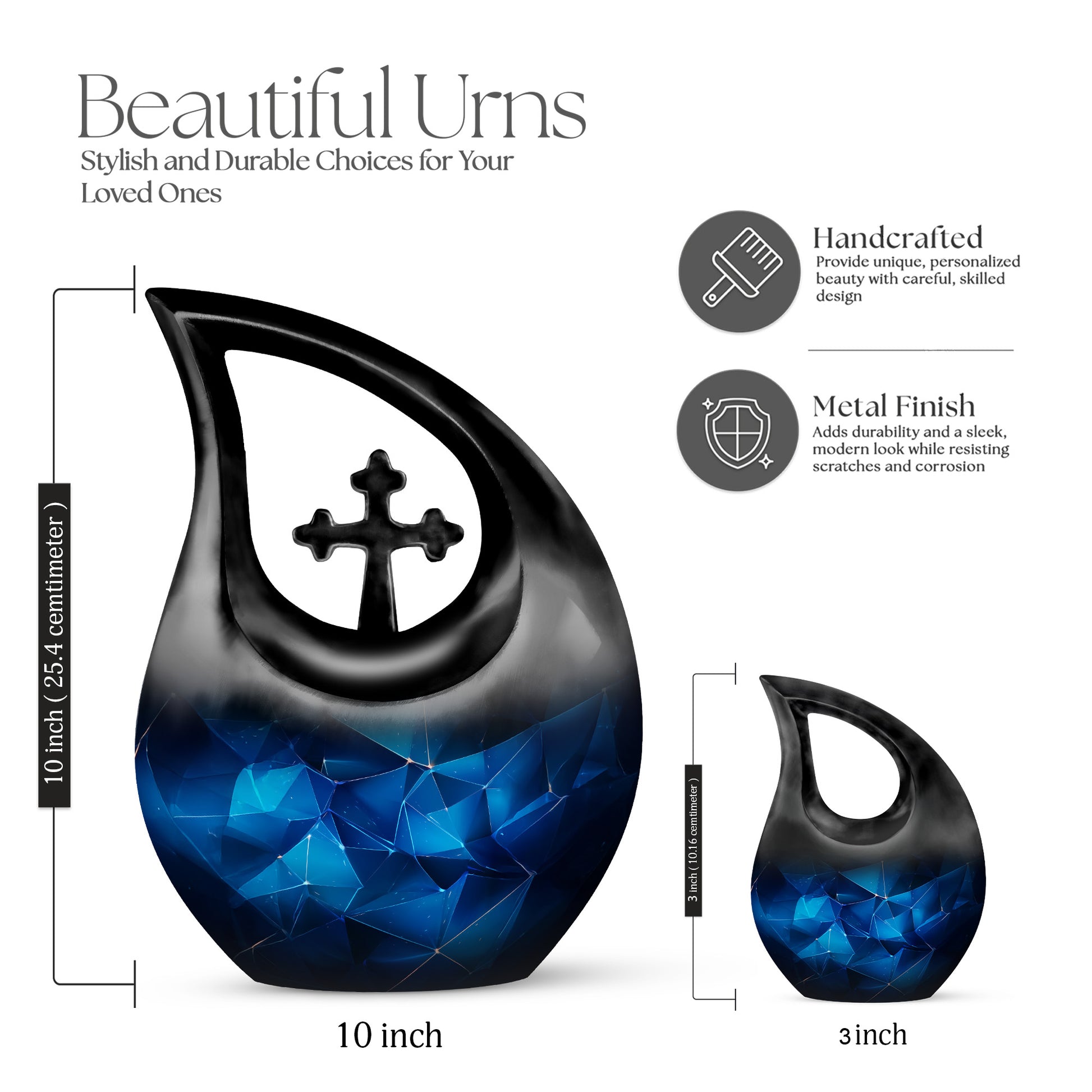 Cobalt Blue Blue Cremation Urn back view with polished surface - devotional cross-drop blue engraving - mini keepsake memorial for portion of cremation ashes