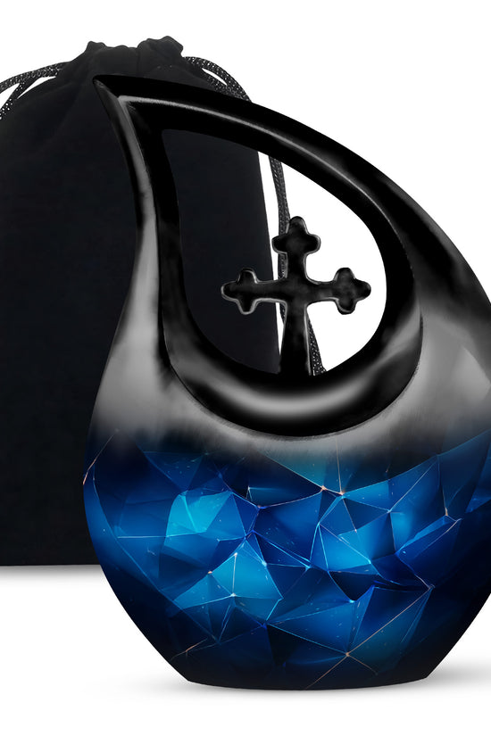Soft Blue Blue Cremation Urn top-down view of secure threaded lid - faith-inspired cross-drop urn with blue pattern - full-size 10 inch 200 cubic inch adult cremation urn
