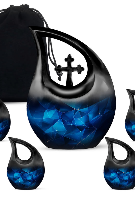 Misty Blue Blue Cremation Urn urn with complimentary velvet bag - cross and blue combined in spiritual memorial design - memorial set with one large and four small urns