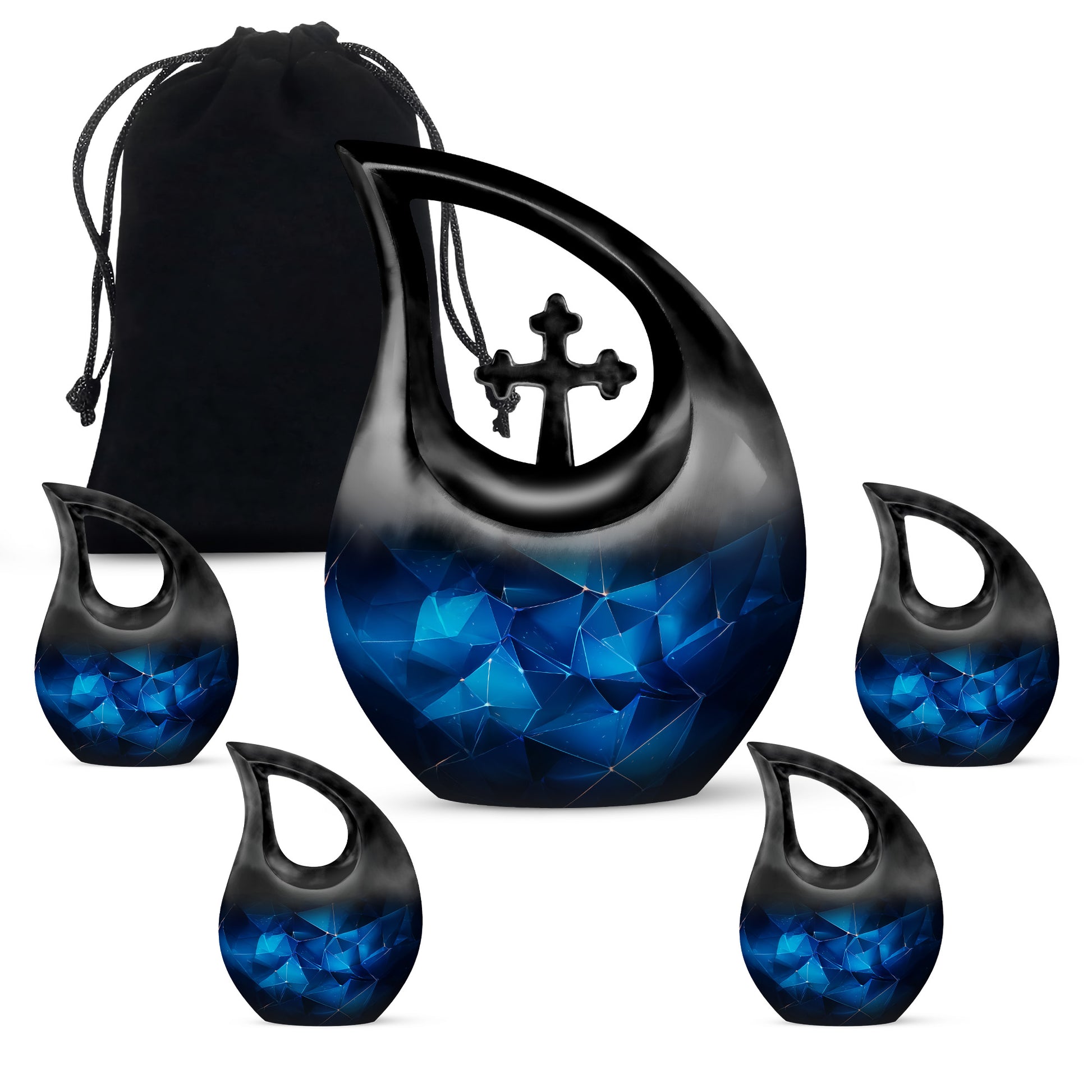 Misty Blue Blue Cremation Urn urn with complimentary velvet bag - cross and blue combined in spiritual memorial design - memorial set with one large and four small urns