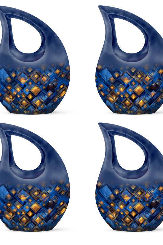 Steel Blue Blue Cremation Urn lifestyle display on memorial shelf - faith-inspired cross-drop urn with blue pattern - 10 inch aluminum urn for cremated remains