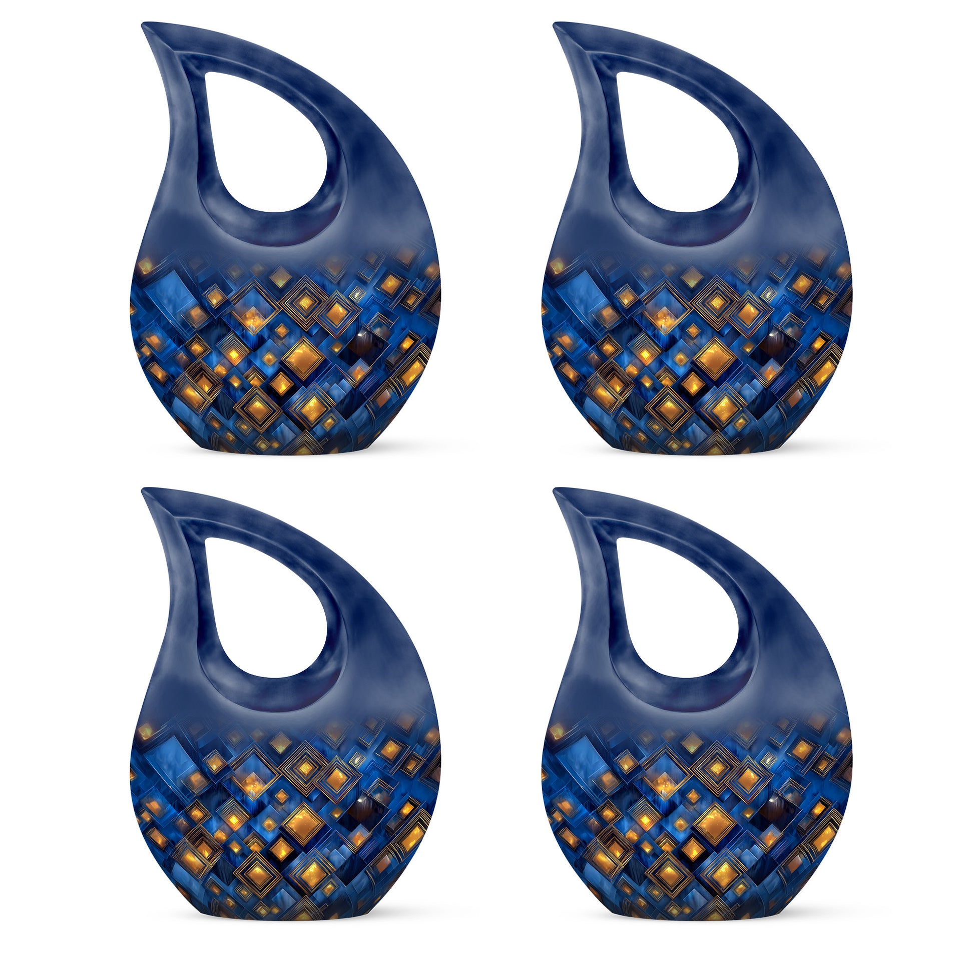 Steel Blue Blue Cremation Urn lifestyle display on memorial shelf - faith-inspired cross-drop urn with blue pattern - 10 inch aluminum urn for cremated remains
