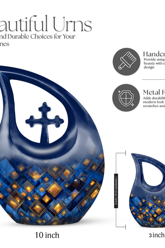 Dusty Blue Blue Cremation Urn back view with polished surface - cross and blue combined in spiritual memorial design - mini keepsake memorial for portion of cremation ashes