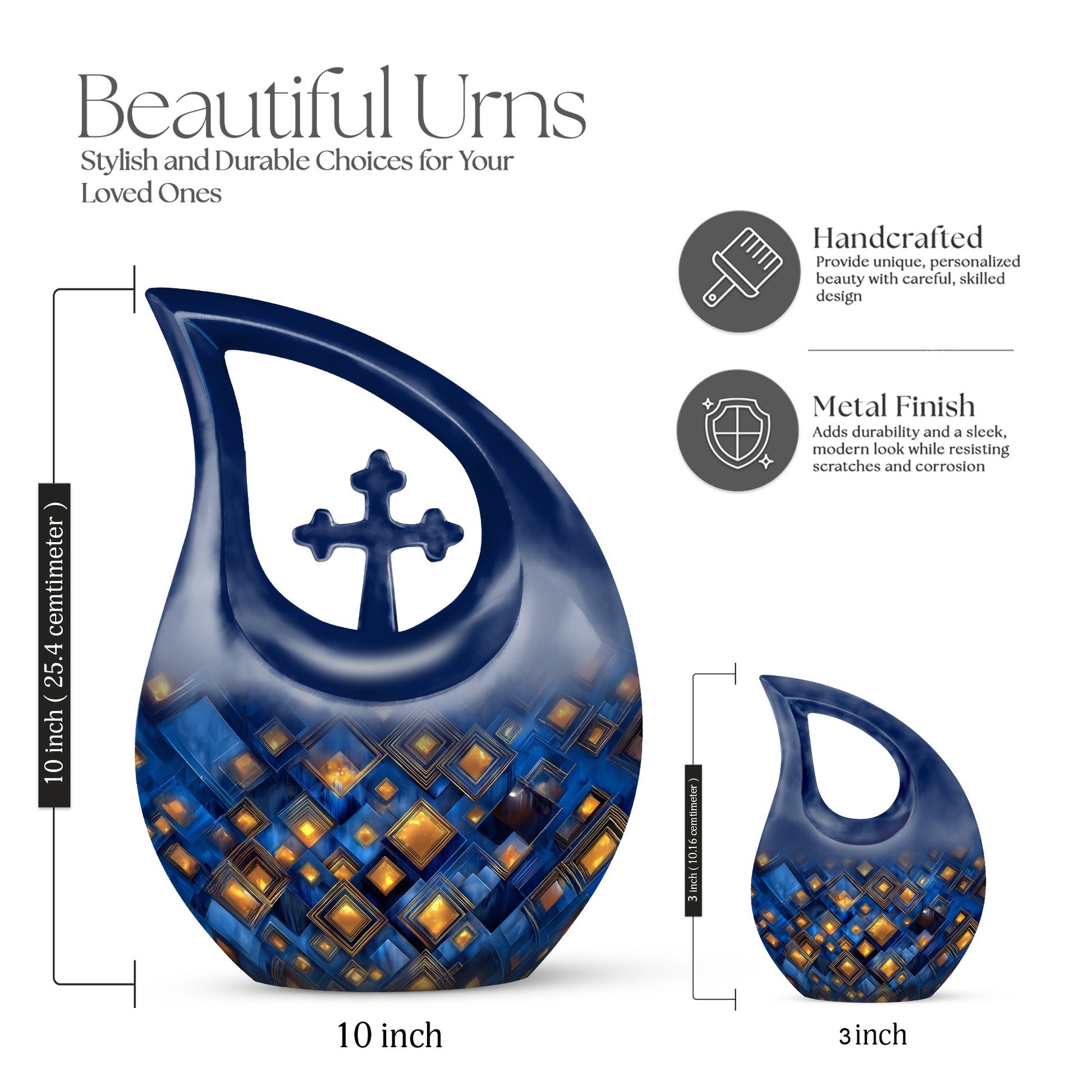 Dusty Blue Blue Cremation Urn back view with polished surface - cross and blue combined in spiritual memorial design - mini keepsake memorial for portion of cremation ashes