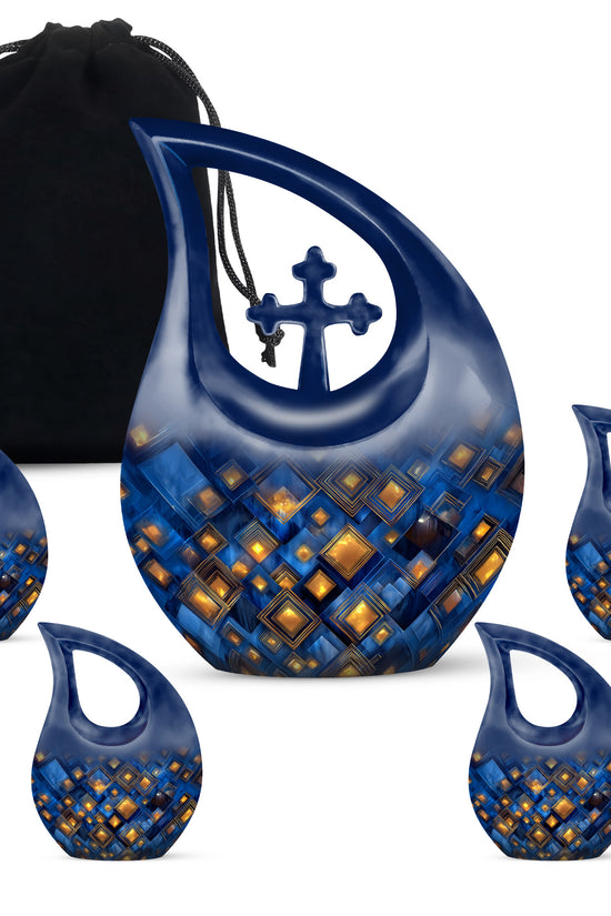 Cobalt Blue Blue Cremation Urn urn with complimentary velvet bag - faith-inspired cross-drop urn with blue pattern - memorial set with one large and four small urns