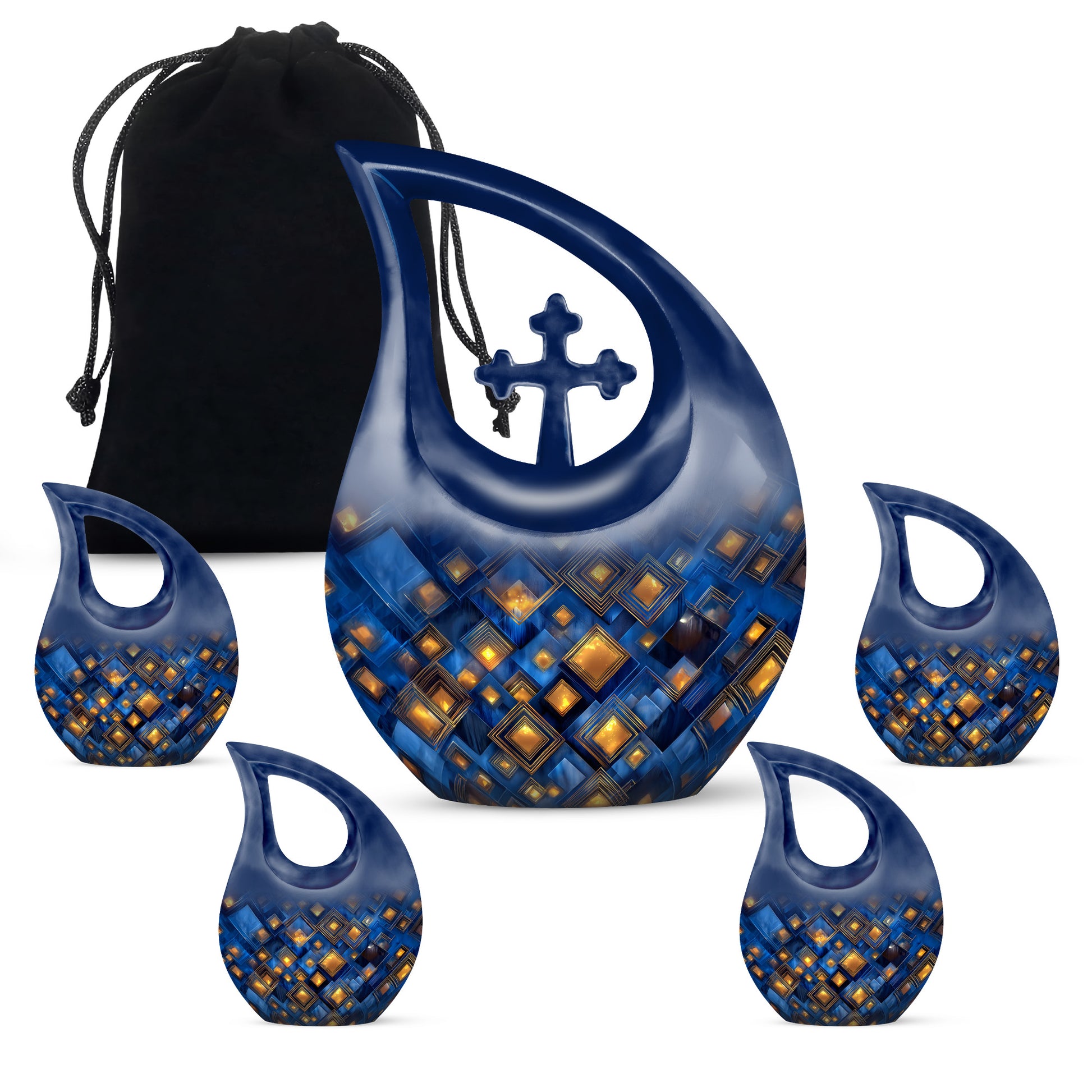 Cobalt Blue Blue Cremation Urn urn with complimentary velvet bag - faith-inspired cross-drop urn with blue pattern - memorial set with one large and four small urns