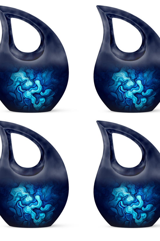 Celestial Blue Blue Cremation Urn lifestyle display on memorial shelf - sacred cross merged with blue motif on metal - 10 inch aluminum urn for cremated remains